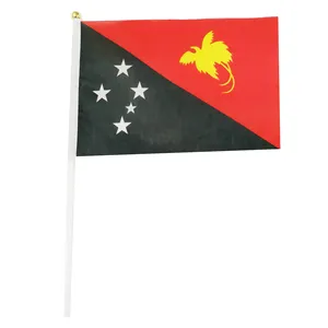 Free Shipping Papua New Guinea Flag 14x21CM Polyester Table Flags with Pole Flying Country Hand Waving Stick Hand Flags