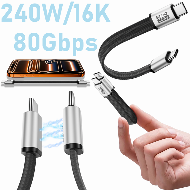 80Gbps USB4 Cable 240W PD Type C to Type C Flat Cable 16K Video Output FPC Flexible Data Wire for Laptop Tablet SSD