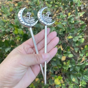 Épingle à <span class=keywords><strong>cheveux</strong></span> vintage plaquée argent, motif croissant de lune, champignon et étoile, style sorcière gothique bohème, <span class=keywords><strong>pour</strong></span> femme, usage quotidien, fête, occasion, cadeau - Product Image 3