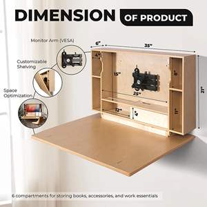 مكتب خشبي عائم موفر للمساحة الأكثر مبيعًا، طاولة كمبيوتر مع رف تخزين، مكتب دراسة قابل للطي للمنزل والمكتب - Product Image 2
