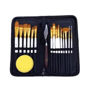 Artist Paint Brush Set Wholesale 15pcs Nylon Artist Paint Brush With Pop-up Carrying Case And Palette Knife Sponge