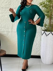 Eleganti Abiti da Chiesa per Donne, Collo Tondo, Maniche a Campana, Bottoni Floreali, Vestito Slim per Ufficio - Product Image 6