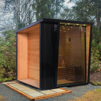 Sauna moderne extérieur en cèdre canadien avec éclairage d'ambiance de style noir, design graphique carré