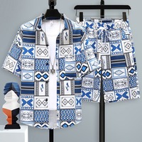 Conjunto de Camisa y Pantalones Cortos de Estilo Vintage para Hombre, Tejido de Punto Transpirable, Estampado, Ropa de Playa para Verano