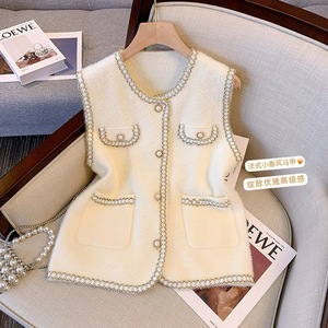 2025 nuevo estilo elegante estilo coreano <span class=keywords><strong>chaleco</strong></span> que combina con todo para mujer ropa exterior larga hebilla de perla tejida <span class=keywords><strong>pelo</strong></span> de imitación de visón para otoño - Product Image 3