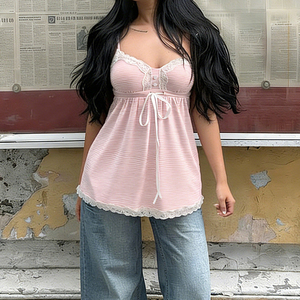 Striped Lace Print Breathable Eco-Friendly Casual Cami Top for Women New Hot Sale Sexy Backless <b>Tie</b>-Up Loose A-Line Cute - Product Image 2