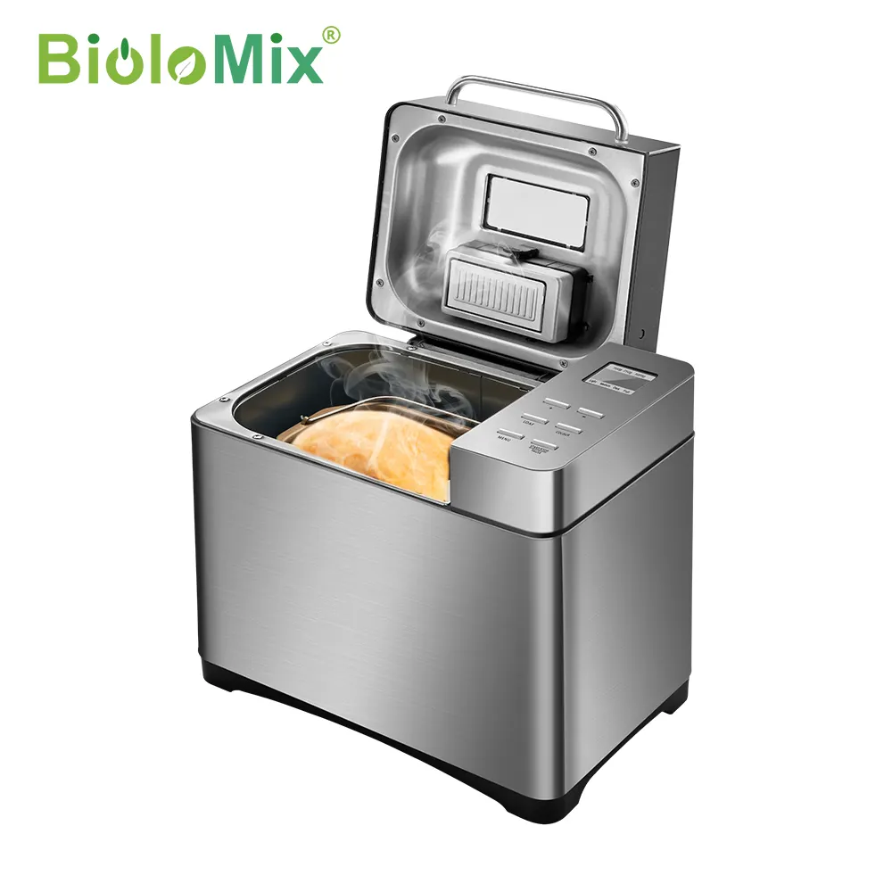 Biolomix 1キロ17-1での自動パンメーカー650ワットプログラマブルステンレス鋼パン機で3斤サイズフルーツナットディスペンサー