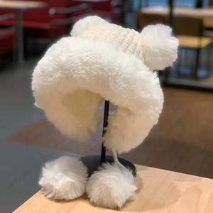 겨울 인조 모피 곰 귀 따뜻한 플러시 모자 폼폼 장식 스키 라이딩 두꺼운 귀마개 비니 모자 - Product Image 3