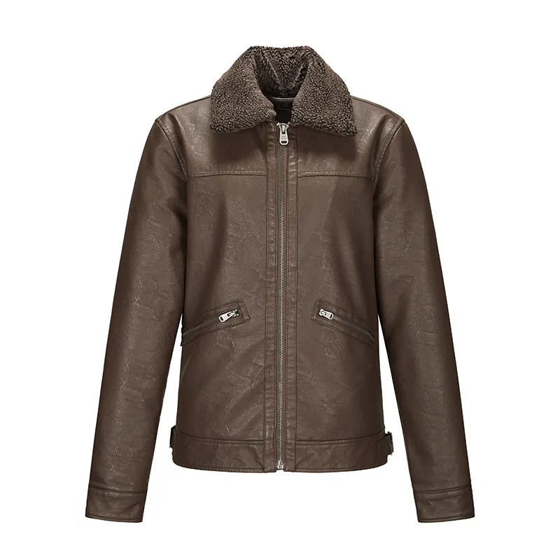 Custom Men Brown Oxford Texture Pu Moto Biker Coat Polyester Filling Detachable Fur Collar Pilot Jacket