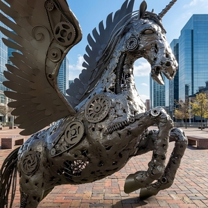 Scultura di Cavallo Alato in Acciaio Inossidabile Lucidato a Specchio, Grande e a Grandezza Naturale, per Giardino Esterno, Stile Fantascientifico, Moderna e Personalizzabile - Product Image 5