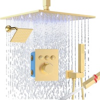 Système de douche thermostatique à double tête 12 pouces avec LED, pommeau de douche mural 6 pouces, inverseur à bouton-poussoir, laiton et acier inoxydable brossé