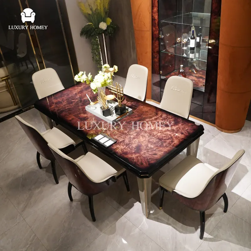 Casa di lusso mobili sala da pranzo Set tavolo sedia impiallacciatura di legno moderno tavolo da pranzo sedie e 8 posti Set da pranzo per Villa