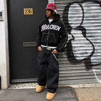 Sweat à capuche zippé personnalisé pour homme, style Y2K gothique, avec strass et clous, effet délavé à l'acide, broderie et patchs appliqués