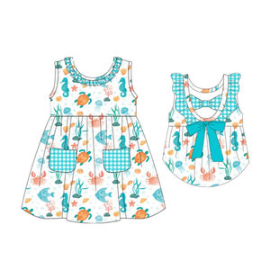 Conjunto de 2 piezas de pantalones cortos casuales personalizados con estampado de animales marinos para primavera y otoño, vestido con lazo y pelele burbuja para bebé, ropa para hermanos. - Product Image 2