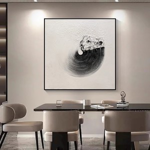 Hand Painted Oil Painting Black <b>White</b> <b>Square</b> Abstract Art Minimalist Metal <b>Frame</b> 3D Visual Effect For Living Room Dining Room - Product Image 2