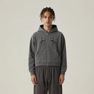 Sweat à capuche unisexe zippé déstructuré, brodé, délavé, effet usé, coupe courte, surdimensionné, personnalisé pour homme - Product Image 1