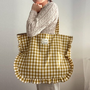 Tùy chỉnh Ruffle vai lớn túi kẻ sọc mô hình lớn Shopper túi cao cấp bông vải mua sắm Tote Túi với nhãn Logo - Product Image 4