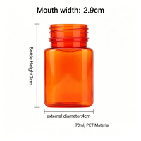 Bouteille carrée en PET ambré de 70 ml, semi-étanche à la lumière, vide, pour médicaments solides, granulés, réactifs, échantillons, sous-emballage