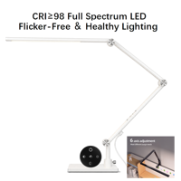 Lampe de bureau LED blanche avec base métallique, télécommande tactile, double contrôle, température de couleur réglable, AC, CRI 95 élevé, protection des yeux, lecture, étude