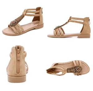 Yeni Vintage boncuklu fermuar su elmas roma moda sandalet yaz sandalet kadınlar için 2024 kahverengi sandalet kadınlar