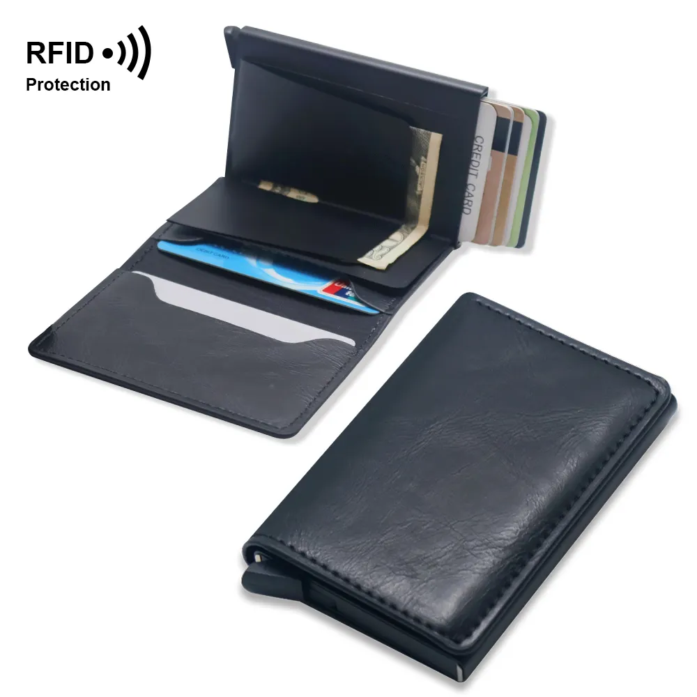 กระเป๋าสตางค์หนังแบบป๊อปอัพสำหรับผู้ชายกระเป๋าสตางค์แบบเรียบง่ายป้องกันด้วย RFID ที่ใส่บัตรเครดิตคาร์บอนไฟเบอร์ออกแบบได้ตามต้องการ