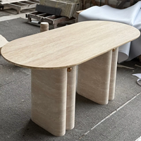 Table à manger ovale en marbre beige naturel, fabriquée à la main, table à manger de luxe en pierre massif