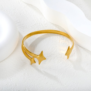 Geometric Four Pointed Star <b>Bracelet</b> 18k Gold Plated Stainless Steel Open <b>Bangle</b> Unisex Jewelry - Product Image 1