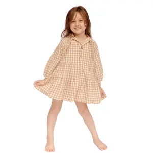 Классическое бежевое платье в клетку с длинным рукавом для девочек, Многоярусное ТРАПЕЦИЕВИДНОЕ ПЛАТЬЕ в стиле бохо для малышей