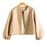 Veste chic en cuir véritable pour femme, coupe décontractée, épaules tombantes, manteau court, manches ballon, élégante, beige, vêtement d'extérieur tendance