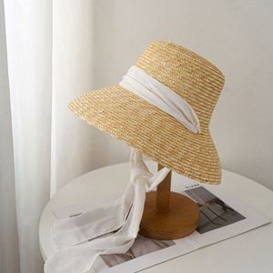Wholesale Female <b>Straw</b> <b>Hat</b> With Satin Ribbon Wheat <b>Straw</b> Beach <b>Hats</b> Women Wide Brim Sun Bucket <b>Hat</b> - Product Image 3