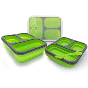 Venta al por mayor de contenedores de almacenamiento de alimentos de silicona de grado alimenticio sin BPA personalizados a prueba de fugas plegable Bento Lunch Box Set con 3 compartimentos