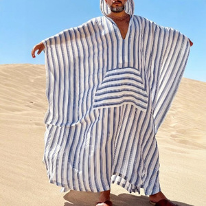 Al por mayor Túnica Saudí para Hombre con Capucha Transpirable, Jubba Islámica Musulmana, Caftán Árabe, Vestido Abaya, Trajes con Rayas Azules - Product Image 2