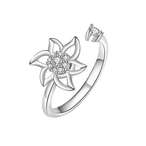 Anillos ajustables sencillos con diseño floral, anillos giratorios antiestrés con circonitas pavé, chapados en oro blanco sobre cobre, joyería para aliviar el estrés para mujer - Product Image 5