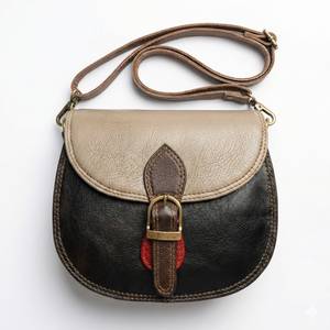 Vintage Genuine Leather Crossbody Mini Sling <b>Bag</b> With <b>Buckle</b> Closure Black And Beige Two-Tone Design All Seasons Style - Product Image 1