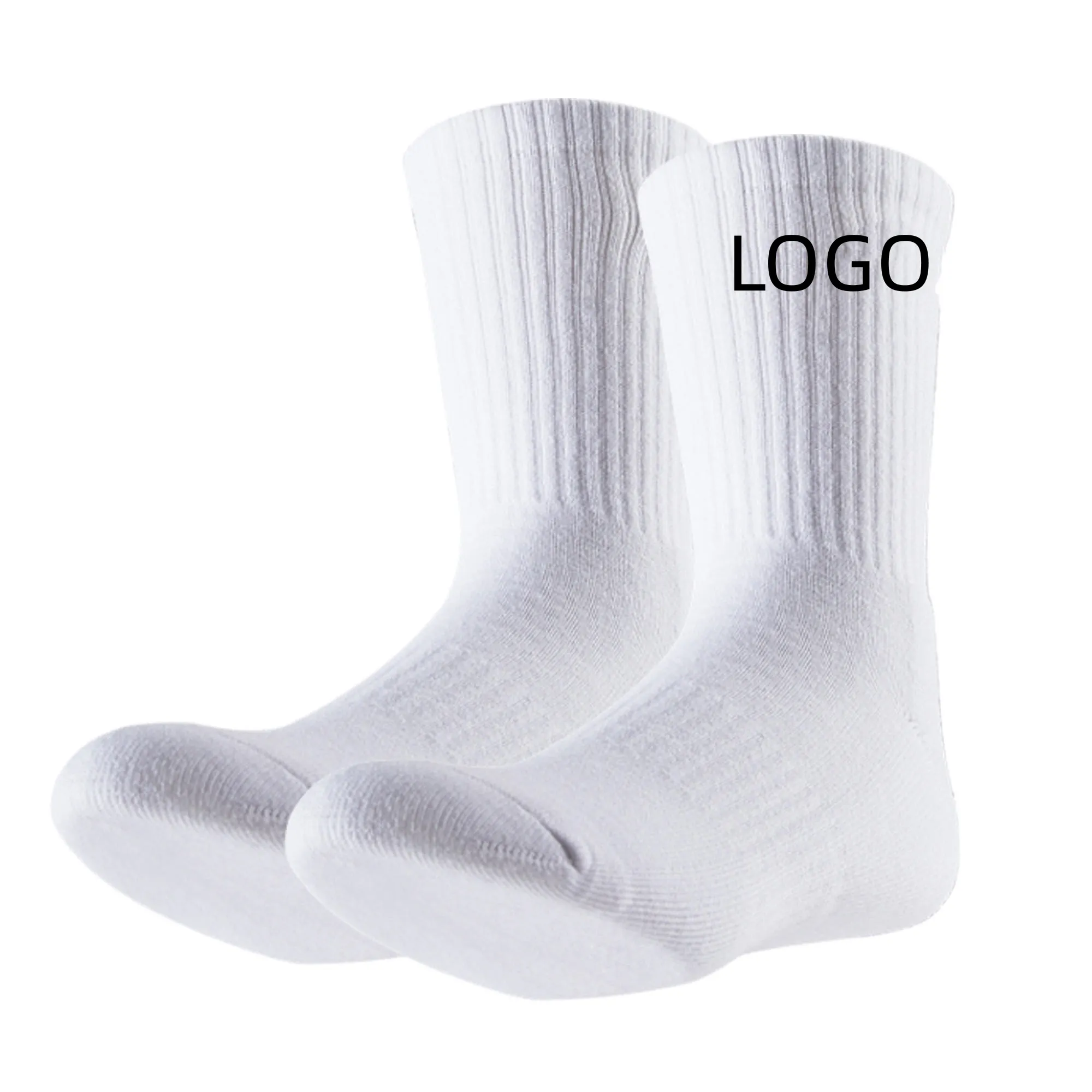 Calcetines informales blancos con logotipo personalizado, calcetines deportivos gruesos con cojín de felpa para correr atléticos lisos elásticos para hombre