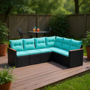 Ensemble de canapés de patio extérieur moderne 6 places en polyrotin noir avec coussins, design contemporain - Product Image 2