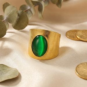 Ins Chic Vintage Statement Finger Ring Tarnish‑Resistant Stainless Steel 18K Gold Plated <b>Large</b> Oval Green Cat‑Eye <b>Stone</b> Wide - Product Image 1