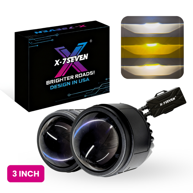 X-7SEVEN High Power 3 Inch Car LED Fog Lights Tricolor Car Headlights Fog Lamp High Low Beam Projector Lens Headlamp for Cars