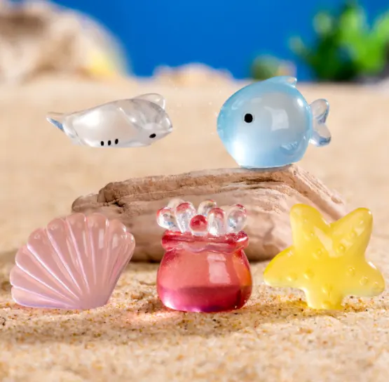 glühende cartoon harz meer anemone teufel sternefisch hai conch korallenhülse leuchtende miniatur-tierfiguren für garten spielzeug