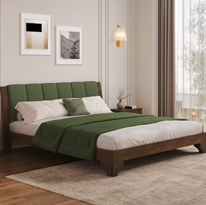 Cadre de lit king size en teck avec tête de lit incluse, style moderne du milieu du siècle, lit capitonné, couleur vert noyer, écologique - Product Image 1