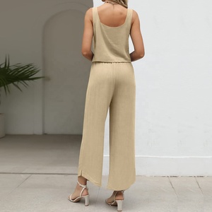 OEM Summer Solid Two Piece <strong>Sets</strong> Casual Sleeveless <strong>Square</strong> Collar Shirt and Loose Straight Pants Suits Women Cotton Linen <strong>Set</strong> - Product Image 5