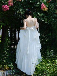 Vestido de <span class=keywords><strong>Novia</strong></span> Blanco para la Mañana, Vestido de Compromiso, Vestido para Brindis, Vestido de Alta Gama sin Tirantes con Lazo, <span class=keywords><strong>Falda</strong></span> Larga - Product Image 3