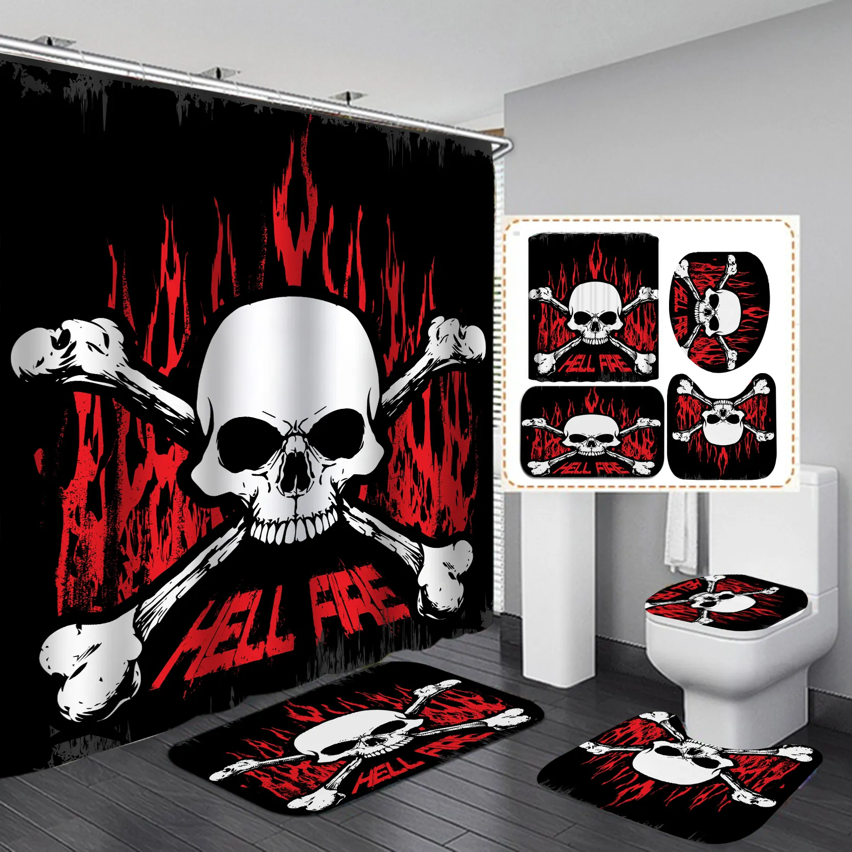 Conjunto de tapete cortina do banheiro esqueleto 3d estilos, com ganchos