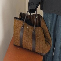 Sac fourre-tout rétro en lin et coton à chevrons, grande capacité, sac à bandoulière décontracté avec garniture en cuir, sac à main de style urbain pour tous les jours
