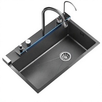 Évier de cuisine multifonction intelligent en acier inoxydable 304 à cuve unique, à montage sous plan, fait main, avec robinet cascade au design moderne - NOUVEAU