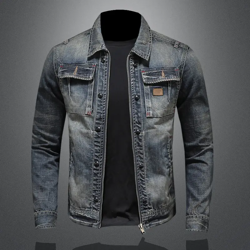 New Trendy Vintage Men's Denim Top Personalized Zipper Jackets Motorcycle Men Denim Jacket