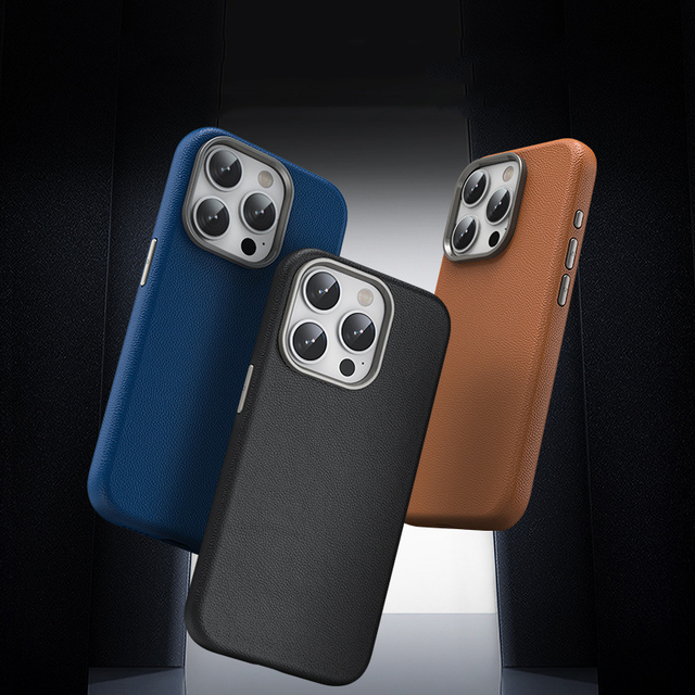 Premium Vegan Leather Metal Button Luxury Cell Phone Case Back Cover for iPhone 15 Pro Max 2024