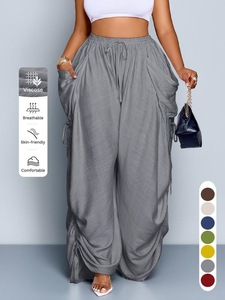 Pantalones Anchos Transpirables de Primavera y Verano para Mujer, Estilo Resort, con Cordón Ajustable, Bolsillos <span class=keywords><strong>Cargo</strong></span>, Pantalones Harem con Corte Estructurado - Product Image 3