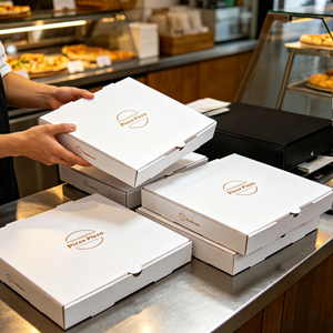 Cajas de <span class=keywords><strong>Pizza</strong></span> Cuadradas Ranuradas para Entrega a Domicilio, Impresas Personalizadas con Laminación Mate, Desechables, Corrugadas, Biodegradables, de Papel Kraft, al por Mayor - Product Image 4