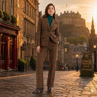Ensemble tailleur pantalon pour femme, coupe droite, blazer à revers crantés, pantalon droit, motif écossais en tweed, personnalisable avec logo